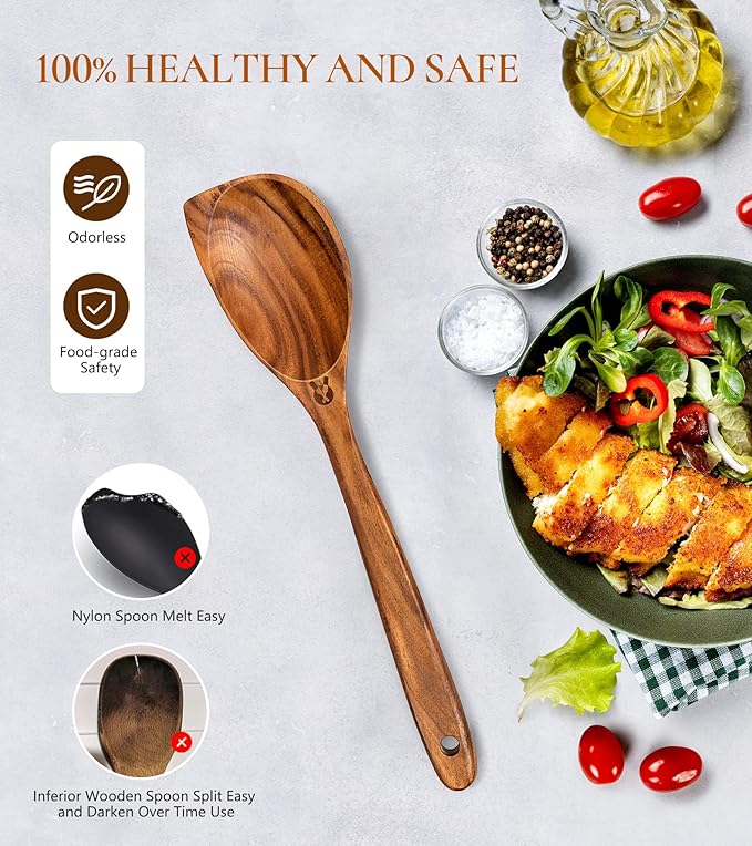 Wooden Spoons for Cooking, Natural Premium Teak Wood Corner Spoon, Good Grip Large Wooden Spoons & Wooden Spatula, Heat Resistant Wooden Cooking Utensils for Nonstick Cookware Cooking Gift - Left Hand