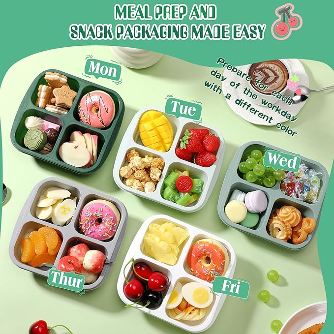 Honeydak 5 Pack Snack Containers 4 Compartment Bento Snack Boxes Reusable Lunchable Containers with Lids Divided Meal Prep Lunch Food Storage Box for School Work Travel(Sage,Equal)