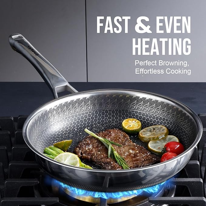12 Inch Hybrid Nonstick Frying Pan, Stainless Steel Pan Non Stick Skillet, PFOA Free Cookware, Non Toxic Chef's Pan, Compatible with Electric, Gas and Induction, No Lid