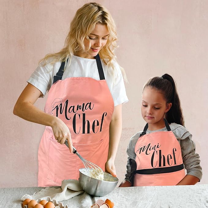 Mother, Daughter Apron Set | (2 pcs) Mama Chef plus Mini Chef Matching Aprons | Cooking Baking Adjustable Mom and Child Pink Aprons | Mother’s Day, Christmas Mommy and Daughter Kitchen Aprons