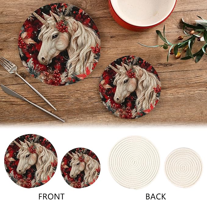 Unicorns Christmas Berries Kitchen Trivets Pot Holders Set of 2, Trivets for Hot Pots Dishes Woven Trivet Coaster Pad Mat for Counter