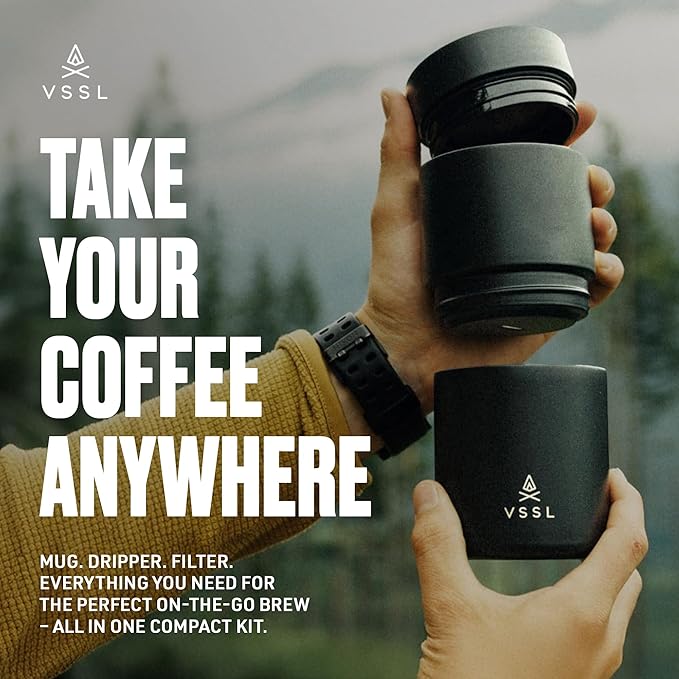 VSSL - Nest Pour Over Coffee Set | Coffee Maker for Camping | All-In-One Travel Pour Over | Transportable Dripper, 10oz Stainless Steel Travel Mug | Compact Storage & Adventure Ready | Black