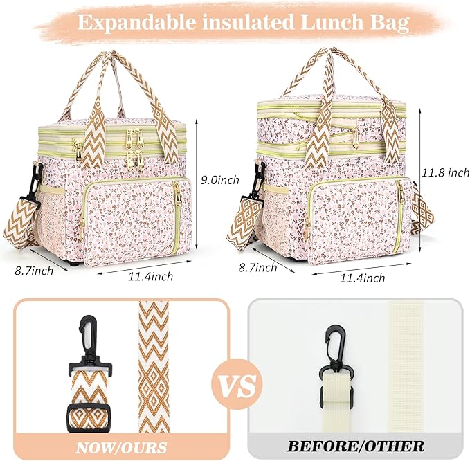 LOKASS Lunch Box for Women-16L-Insulated Lunch Bag Women, Expandable Double-layer Leakproof Cooler Bag with Upgrade Adjustable Shoulder Strap Ideal for Work/Travel/Picnics（White Flower）