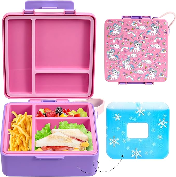 Chill Bento Lunch Box for Kids Adult with Ice Pack,Leak Proof 3 Compartments Lunch Container for Kids,Ice Pack Detachable Bento Box,BPA Free,Dishwasher & Microwave Safe-Horses
