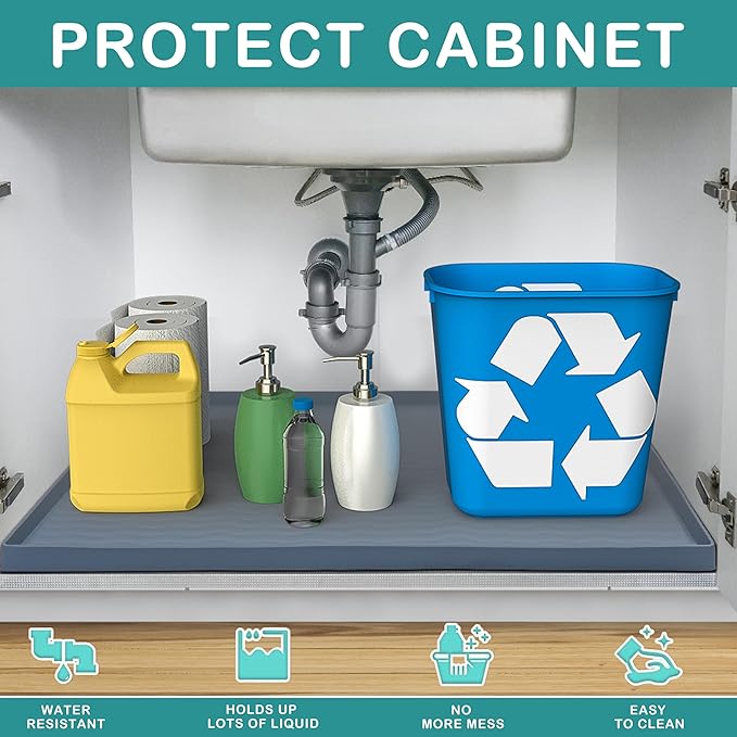 URMONA Waterproof Silicone Under Sink Mat 16'' x 10'' Shelf Liner for Kitchen and Bathroom, Cabinet and Counter Protector, Storage and Organizers, Litter Mat, Pet Cat Puppy Essentials(Cream)