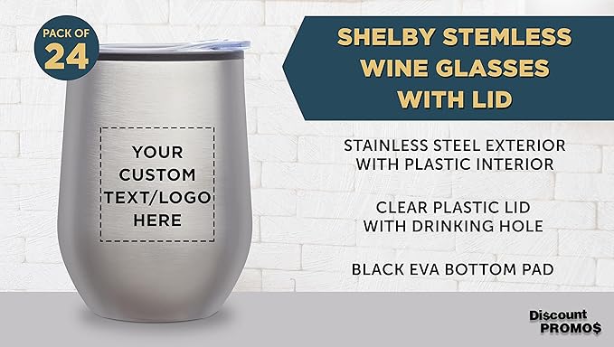 Custom Stemless Wine Tumblers 12 oz. Set of 24, Personalized Bulk Pack - Insulated, Perfect for Wine, Cocktails, Other Hot & Cold Beverages - Silver