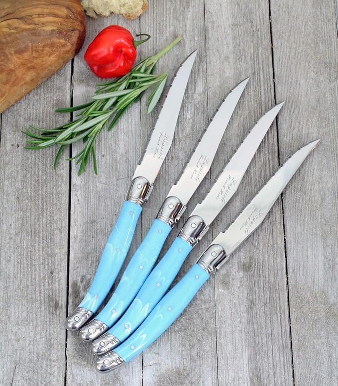 French Home Laguiole 4-Piece Steak Knife Set – Sophisticated Stainless Steel Dinner Knives with Faux Turquoise Handles & Iconic Bee Emblem – Serrated Knives for Smooth Cutting (9.25")