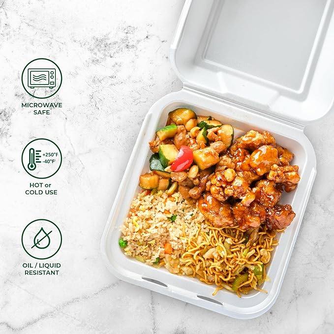 Freshware Clamshell Food Containers with Lids [8x8 100-Pack] Disposable To Go Containers, Biodegradable Sugarcane To Go Boxes - Paper Container - Microwave & Freezer Safe, Stackable