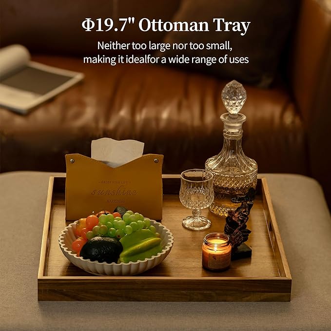 Hanobe Ottoman Tray for Table Top: 20'‘ Wood Decorative Tray for Home Decor - Large Coffee Table Serving Tray with Handles for Living Room