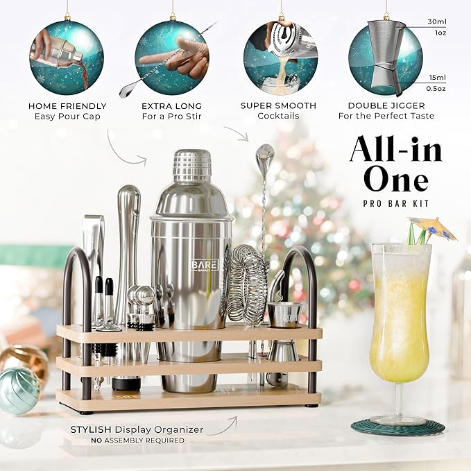 BARE BARREL® Mixology Bartender Kit Bar Set | 14-Piece Cocktail Shaker Set | Martini Barware Mixing Tools for Home Bartending | 35 Recipe Cards | Gift Set (24oz Cobbler Shaker, Silver/Natural)