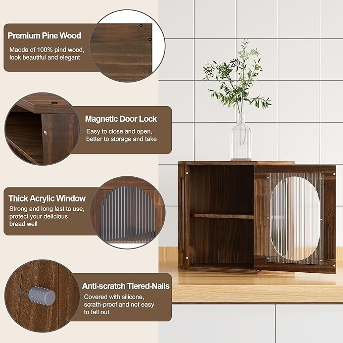 Corner Bread Box, Solid Wood Double Layer Adjustable Large Capacity, Farmhouse Vintage Kitchen Countertop Organizer with Acrylic Window, Retro Brown