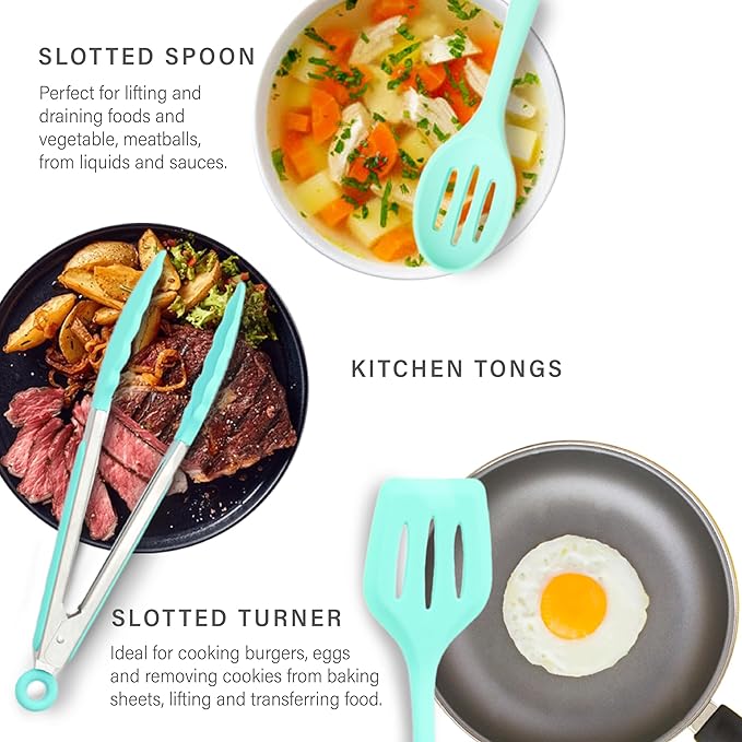 Kitchen Silicone Utensil Set | 12Pcs Silicone Cooking Utensils Set | Food Grade Safety Silicone Kitchen Tools | Heat Resistant | Nonstick Utensils | Dishwasher Safe (Aquamarine)