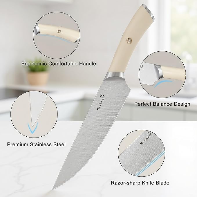 KUISINE Upgraded Knife Set High Carbon Stainless Steel Super Sharp Blade Ergonomic Rivet Handle,Knife Block Set with Built-in Sharpener(Ivory Acacia Pro,15PCS)