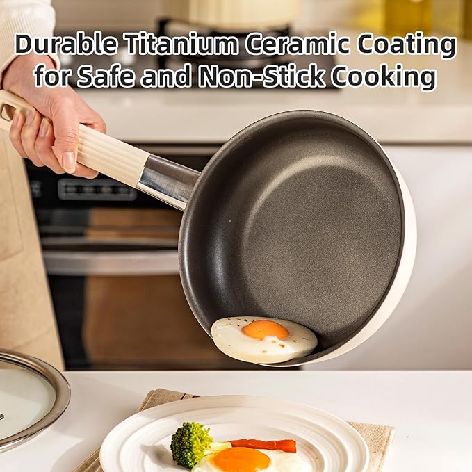 10 inch Titanium Ceramic Nonstick Frying Pan with Lid – Scratch Resistant Skillet, Induction & Gas Stove Compatible, PFOA-Free Cookware for Eggs and Steak