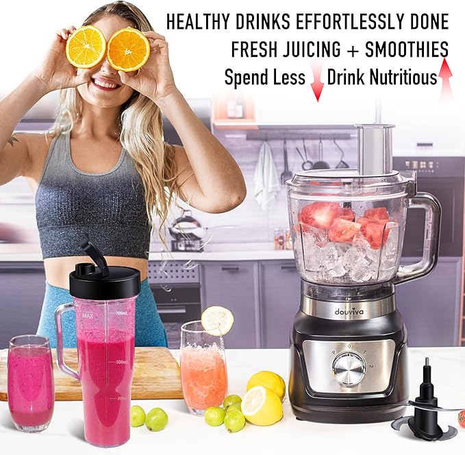 Food Processor Blender Combo, 3-1 Countertop Blender with 8cup Processor Bowl, Grinder,24oz To-Go Lid Cup, 1000W Blenders for Kitchen with Smoothies/Shakes/Mixing/Shredding/Slicing/Chop cheese/Dough
