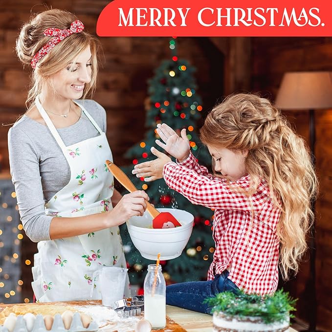 Menkxi 32 Pcs Christmas Silicone Spatulas, Xmas Cake Spatula with Wooden Handles - Santa Claus Snowman Gingerbread Designs for Cooking & Baking