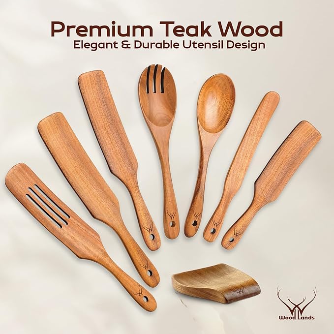 Wooden Spurtle Set for Cooking - Handmade Premium Turner, Nonstick Wooden Spoons for Cooking Flat Frying Utensils with Right Long Handle (7PC Spatula Set)