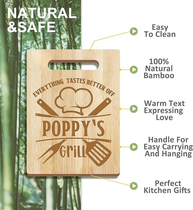 Poppy Gifts, Christmas Poppy Gifts for Grandpa from Grandkids Wooden Cutting Board Utensils with Apron, Great Grandprents Day Father's Day Birthday Kitchen Set