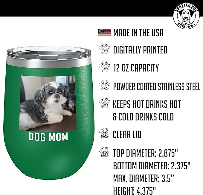Personalized 12oz (17 Colors) Photo Printed Insulated Stainless Steel Powder Coated Stemless Wine Tumbler with Lid, Customized Gift Idea for Her, Custom Coach Gifts Team Mom Dad Mother's Day (Green)