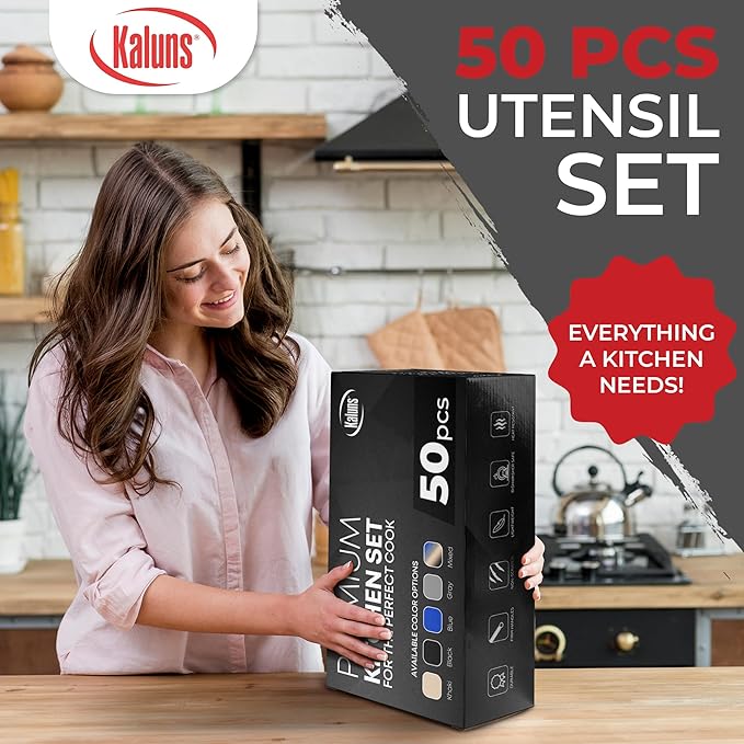 Kaluns 50 PCS Silicone Kitchen Utensils Set Complete Kitchen Set - 800°F Heat Resistant Non-Stick Premium Cooking Utensils W Wooden Handles - Can Opener, Masher, Turner, Silicone Spatula Set