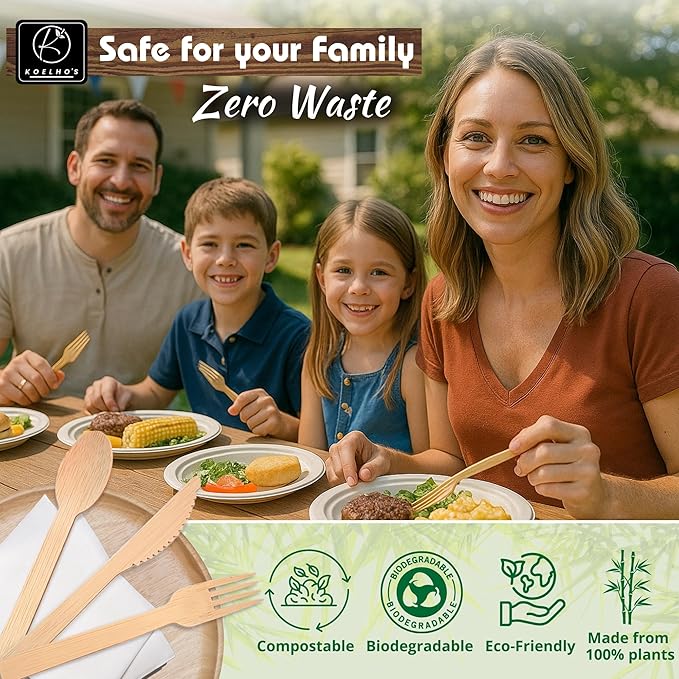 KOELHO'S Pre-Rolled Napkin and Cutlery Set 48-Pack 192 PCS | Bamboo Disposable Utensils 100% Biodegradable and Eco-Friendly | Wood Cutlery Set for Parties, Weddings, and Events