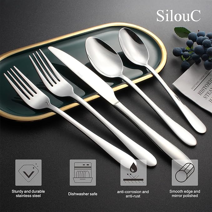 Silverware Set, 40-Piece Flatware Cutlery Set Service for 8, Modern Heavy Duty Design, Stainless Steel Utensils, Dishwasher Safe