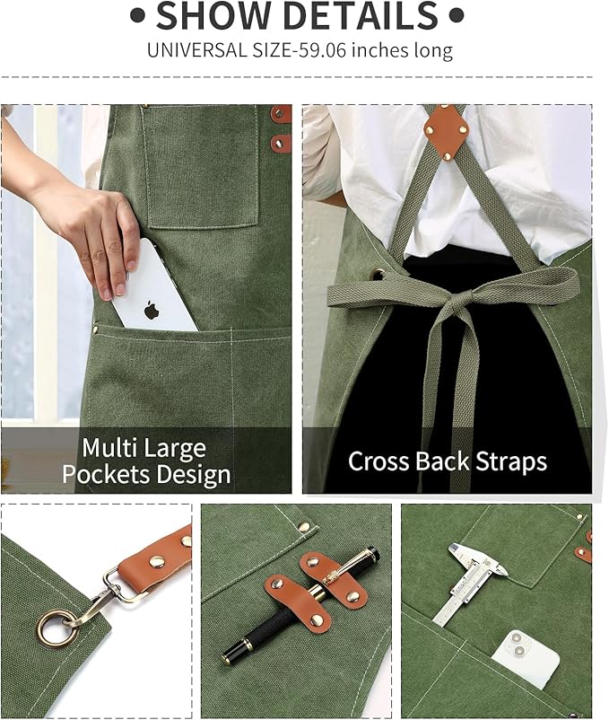 ZOMAO Cotton Canvas Cross Back Apron for Men and Women,Chef Apron With Adjustable Strap and Large Pockets,Kitchen Cooking Baking Bib Heavy Duty Work Apron(Army green)