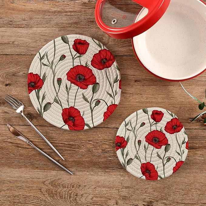 Red Poppies Kitchen Trivets Pot Holders Set of 2, Trivets for Hot Pots Dishes Woven Trivet Coaster Pad Mat for Counter