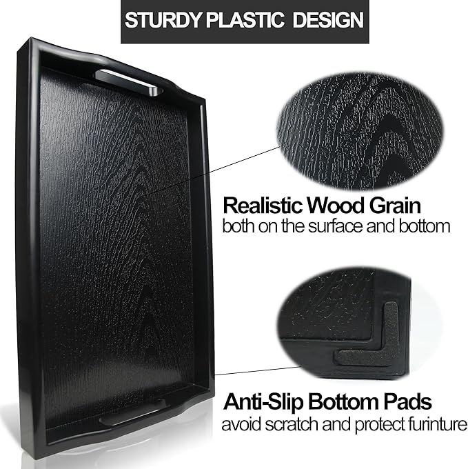 Large Black Plastic Serving Tray with Handles, Set of 2, 19+16.5'', Dishwasher Safe, Stylish, Sturdy, Shatterproof, Napkin and Cleaning Clothes Included