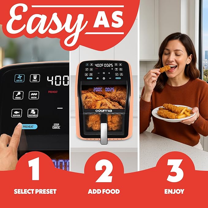 Gourmia Air Fryer 7 QT - Easy View Panoramic Window & Interior Light, Guided Cooking with 12 One-Touch Presets, FryForce 360, Dishwasher Safe Accessories, Peach