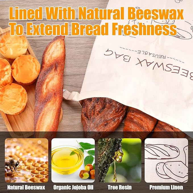 2 Pack Reusable Beeswax Bread Bags for Sourdough & Homemade Bread, Cotton Material Natural Beeswax Bread Bag, 17 x 13 Inches Food Storage Cloth Bag for Freezer & Refrigerator Airtight Freshness Keeper