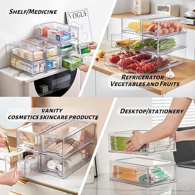 Clear Stackable Refrigerator Organizers and Storage Drawers - Pull-Out Fridge Bins with Anti-Slip Base & Easy Clean, Plastic Organizers for Kitchen Pantry Cabinet Closet ﻿ (2XL)