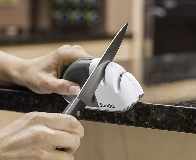 Smith's 51002 Edge Grip™ Select 2-Stage Sharpener - White - Compact - Non-Slip Base - Patented V Grip - Straight Edge Blades - Carbide & Ceramic Sharpeners