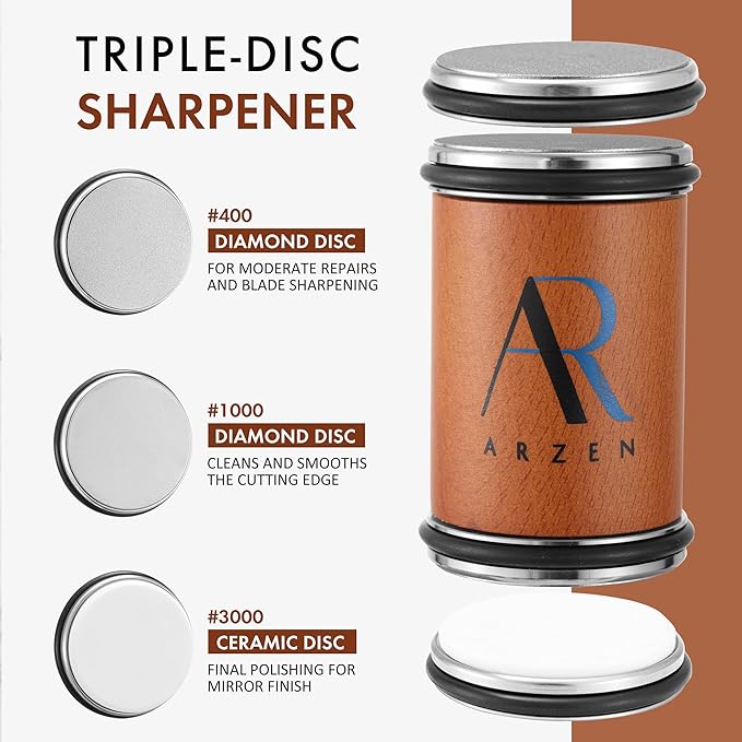 ARZEN Professional Rolling Knife Sharpener with Anti Cut Gloves – Kitchen Knife Sharpener with Magnetic 15° & 20° Angle Base, Replaceable Diamond & Ceramic Discs – Easy Knife Sharpening Tools