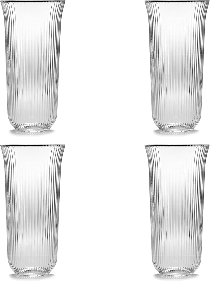 Serax Longdrink Drinking Glasses Set of 4 | Inku Glassware by Sergio Herman | Clear Ribbed Water Glass Cups without Lids | Home Essentials, Kitchen Set | Beer, Juice | Coffee Accessories