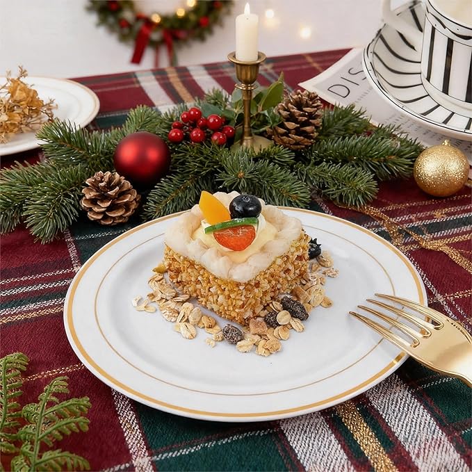 WELLIFE 120 PCS Plastic Dessert Plates and 120 PCS Forks, 6.3 inch Disposable Salad Plate, Premium White Appetizer Plates with Gold Rims Perfect for Parties, Weddings and Christmas