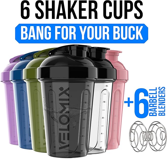 VELOMIX -6 PACK- Shaker Cups for Protein Shakes 20 oz - 6x Wire Whisk | Leak Proof Protein Shaker Bottle for Protein Shakes, Shaker Bottle Pack for Pre & Post Workout, Shaker Cup (Muted Contrast)