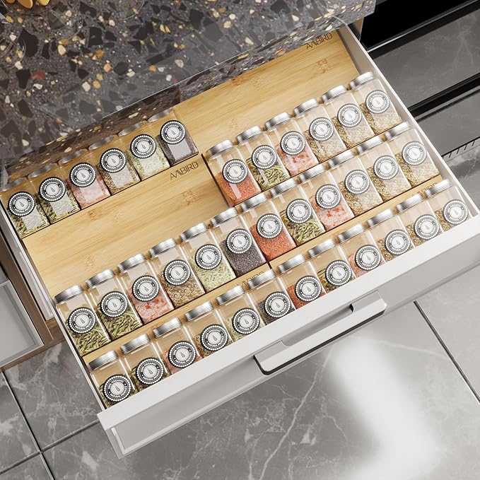 AMBIRD Bamboo Spice Drawer Organizer with Non-slip Mat,4 Tier - 2 Set Jar Spice Rack Tray From 12''to 24'',Hold up 48 Jars Seasoning Organizer for Kitchen,Cabinet,Drawers,Countertop