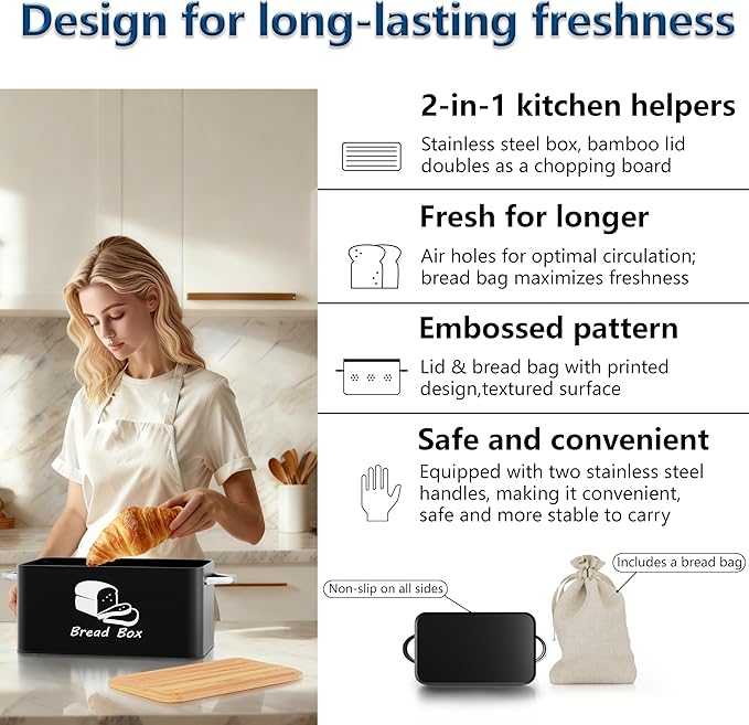 Metal Bread Box with Bamboo Cutting Board Lid, Bread Storage Container, Modern Kitchen Organizer for Sourdough, Buns, and Loaves (Black)