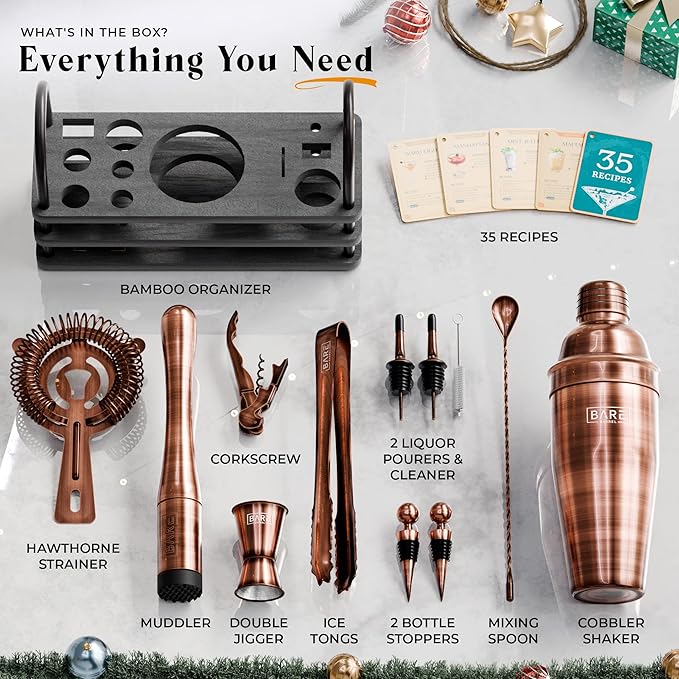 BARE BARREL® Mixology Bartender Kit Bar Set | 14-Piece Cocktail Shaker Set | Martini Barware Mixing Tools for Home Bartending | 35 Recipe Cards | Gift Set (24oz Cobbler Shaker, Copper/Black)