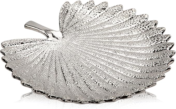 Silver Leaf Decorative Serving Tray for Table Centerpiece – 12" Ceramic Leaf-Shaped Trinket Dish, Candle Tray, Vanity Organizer, Coffee Table Decor, Modern Glam Home Decor, Gifts for Women