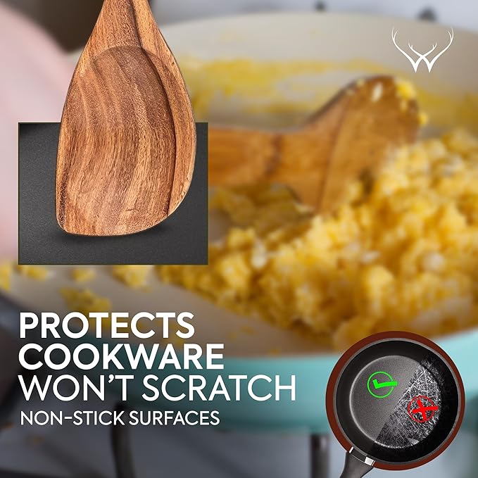 12 Inch Long Handle Teak Wooden Spoon for Cooking With Curved Corner for Complete Mixing - Comes with Large Teak Spoon Rest - This Wooden Spoons for Cooking made of Premium Natural Teak Wood