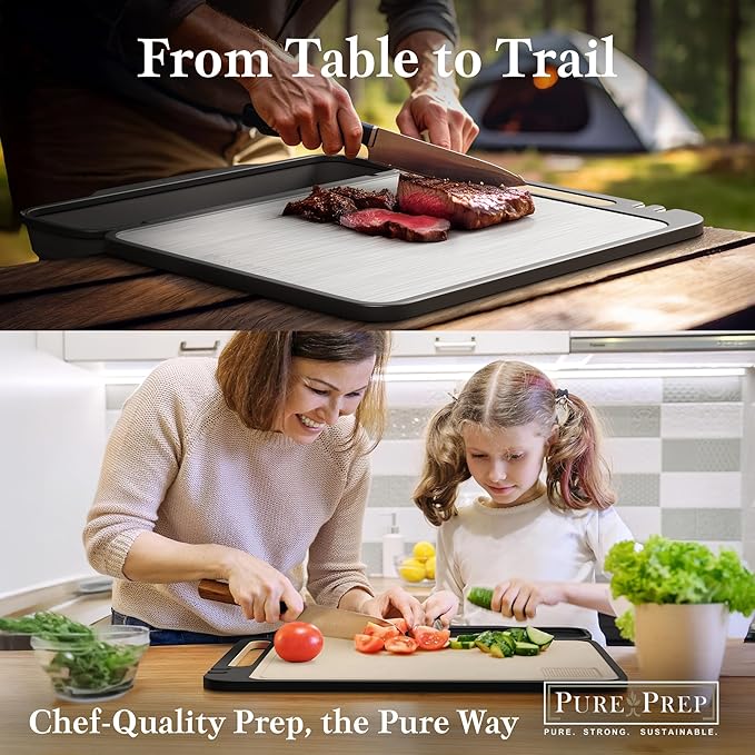 PURE-PREP Titanium Cutting Boards for Kitchen - Double Sided Cutting Board Pure Titanium/Wheat Straw PP with Collapsible Catch, Grater and Knife Sharpener - Metal Chopping Board Large 16” x 11”