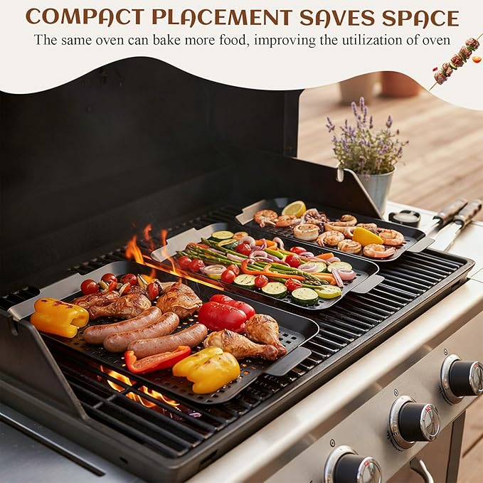 3 Pack Grill Topper Pans for Outdoor Grill Stainless Steel Nonstick Grilling Baskets with Holes and Handles Heavy Duty Perforated Grilling Tray Barbecue Accessories for Vegetable, 2 Size