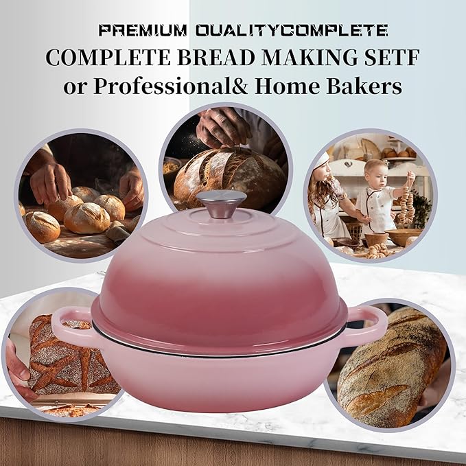 Dutch Oven for Sourdough Bread Baking, Enameled Cast Iron Dutch Oven Pot with Lid, Dome-Shaped Bread Dutch Ovens, 6 Qt, (Pink)