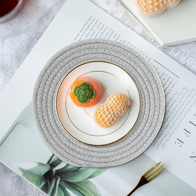 8 Inch Cotton Rope Trivets for Hot Dishes Set of 8 Heat Resistant Mats for Countertop Potholders for Kitchens Trivets for Hot Pots and Pans and Quartz Countertops Farmhouse Kitchen Décor, Grey Set