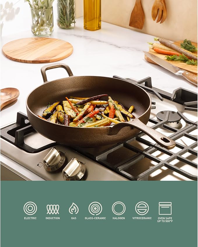 Bloomhouse - Two Time Oprah's Favorite Things Winner - Natural Bronze Finish 10" Cast Iron Skillet w/Long Handle, Helper Handle & Olive Wood Trivet – Olive Oil Treated Fry Pan, Oven & Stovetop Safe