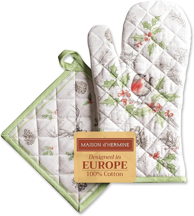 Maison d' Hermine 100% Cotton Oven Mitt & Pot Holder Set (7.5"x13" & 8"x8") Heat Resistant BBQ Cooking Gloves with Loop for Thanksgiving Christmas Decorations Handling Hot Pans (Christmas Dew)