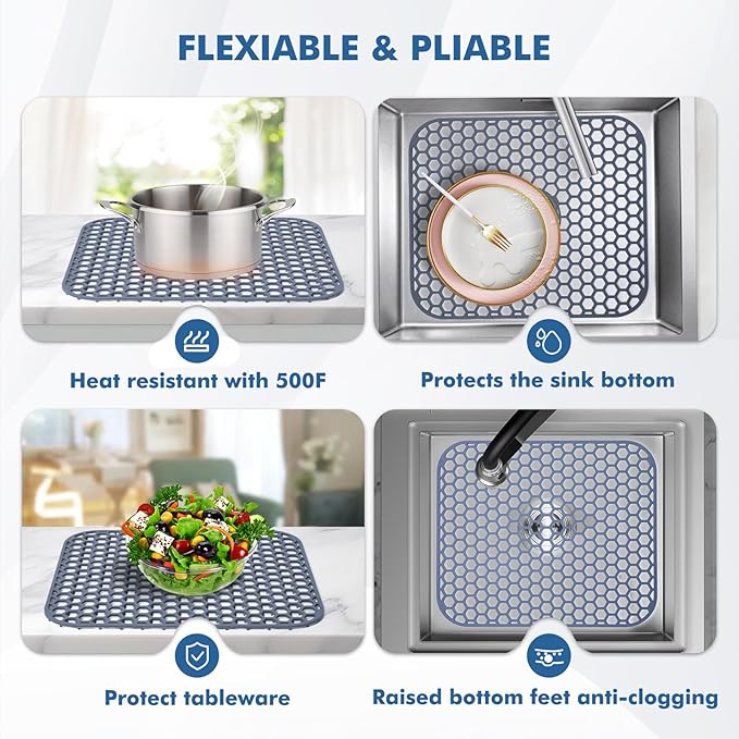 2 Pack 13.7"x 11.7" Silicone Kitchen Sink Protector Mat - Kitchen Sink Grid Accessory, Non-Slip Heat Resistant Sink Grid Dry Mat for Bottom of Porcelain Stainless Steel, Dishwasher Safe