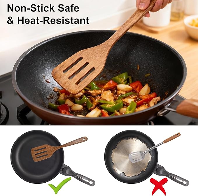 Wooden Spoons for Cooking,6PCS Teak Wood Cookware Utensil Set,Lightweight,Durable and Heat-Resistant – Easy to Clean, Perfect for Non-Stick Cookware
